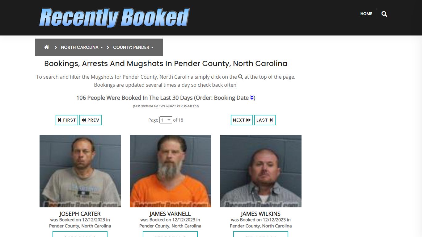 Bookings, Arrests and Mugshots in Pender County, North Carolina